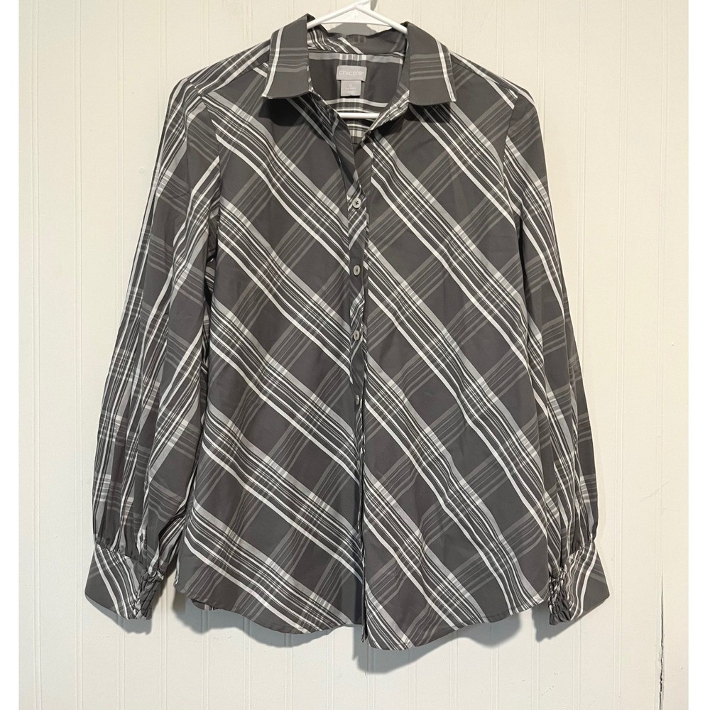 Chico's Button Down Shirt Women 0 S Grey Plaid Smocked Cuff Blouse collard